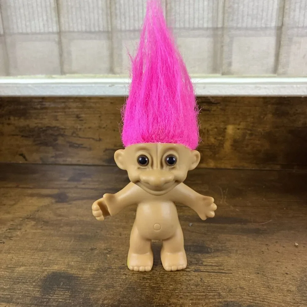 Vintage Russ Troll Doll Wishnick 4” Pink Hair Tan Body Brown Eyes